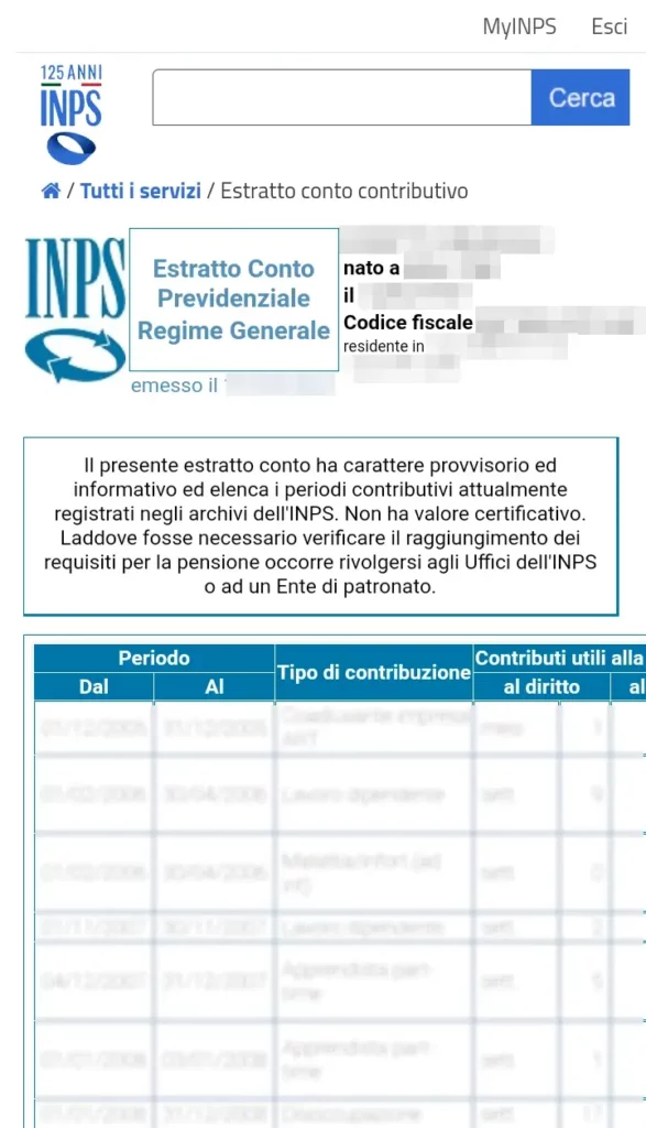 L'elenco dei rapporti lavorativi con i contributi che ti hanno versato