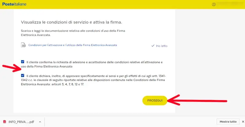 Conferma la richiesta di adesione e accettazione delle condizioni FEA