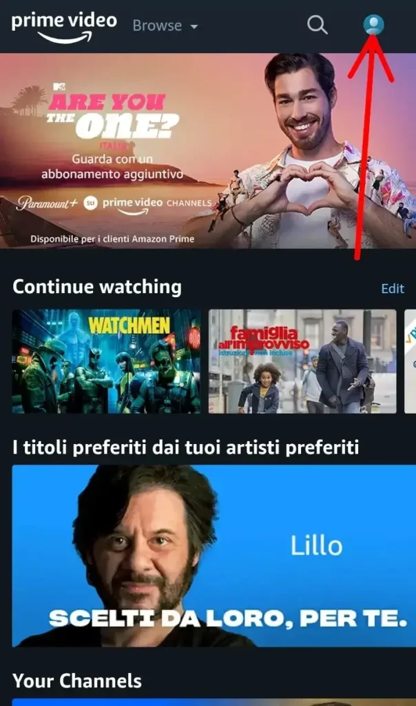 Andare sull'app Prime video e cliccare sull'immagine del profilo