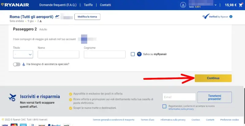Inserire i dati e cliccare continua per comprare il biglietto ryanair online