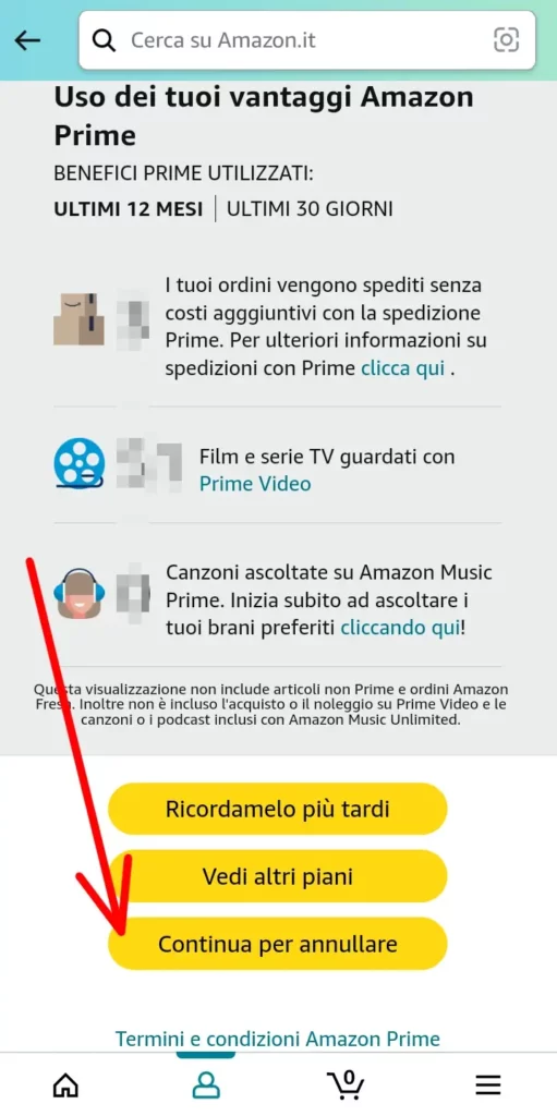 Continua per annullare l'abbonamento ad amazon prime