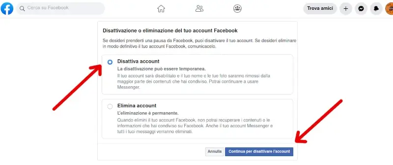 Disattiva account facebook e potrai recuperarlo