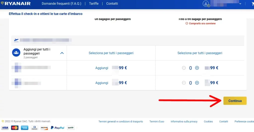 Continua nella procedura per il check-in online