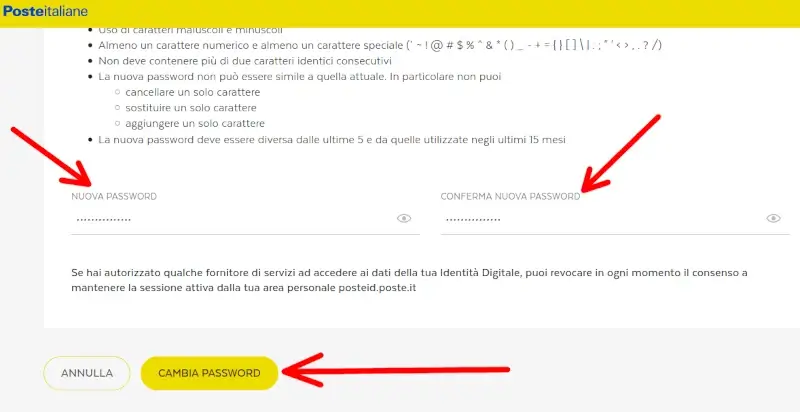 Inserire una nuova password per lo spid posteid