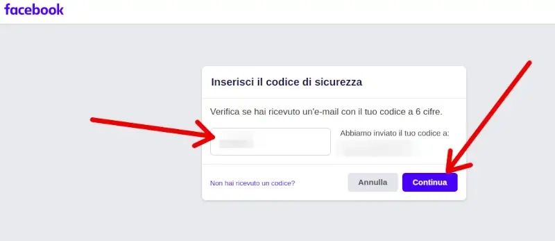 Inserisci il codice di sicurezza per recuperare la password di facebook