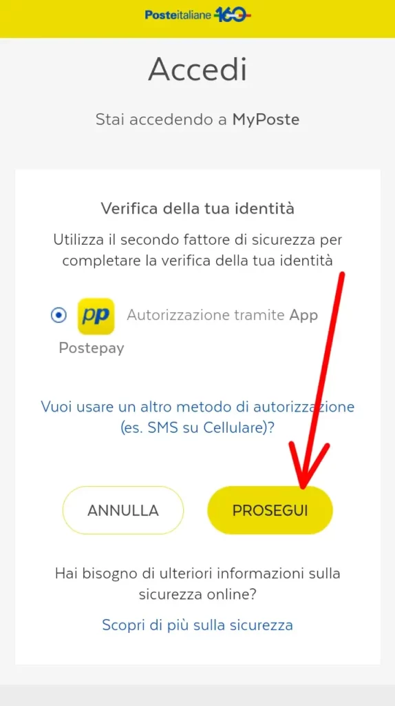 Autorizza l'operazione con il metodo di verifica poste italiane