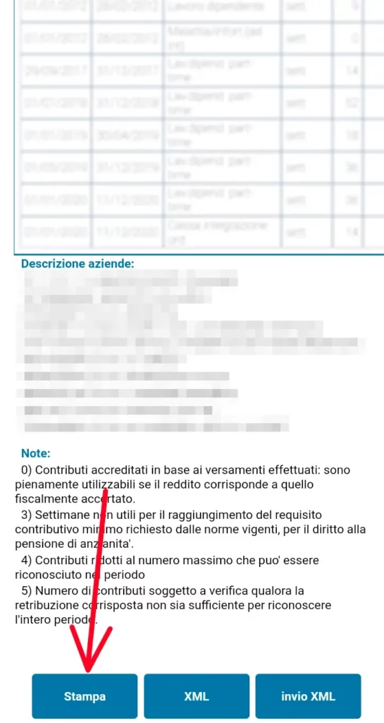 Clicca su stampa per salvare l'estratto conto contributivo sul telefono