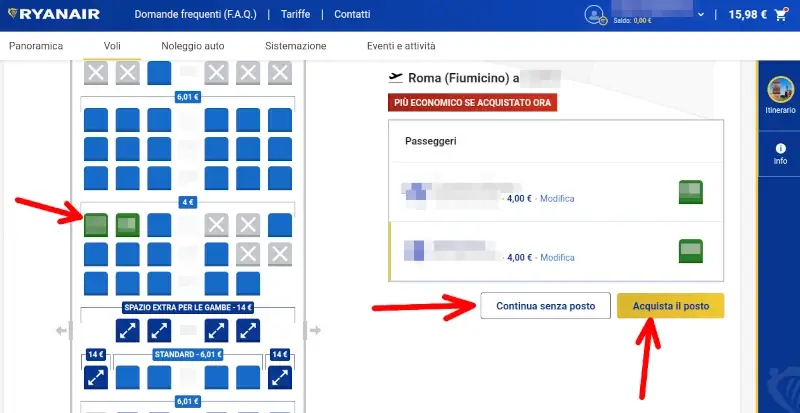 Scegliere il posto per il tuo viaggio Ryanair