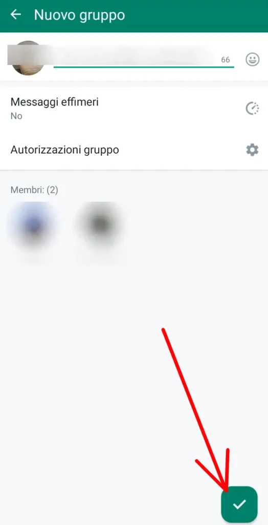 Clicca la spunta per confermare e creare il gruppo whatsapp