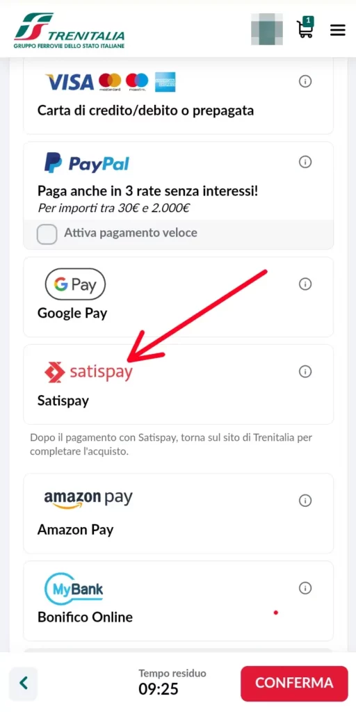 Clicchiamo su Satispay tra i metodi di pagamente