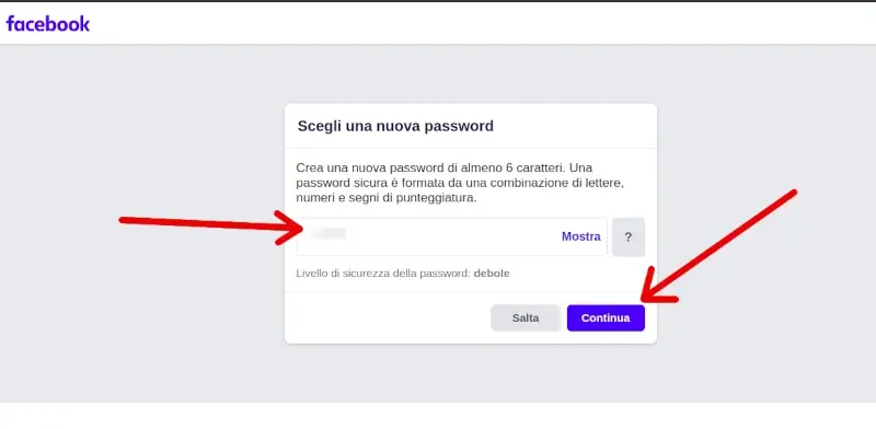 Scegli la nuova password per facebook