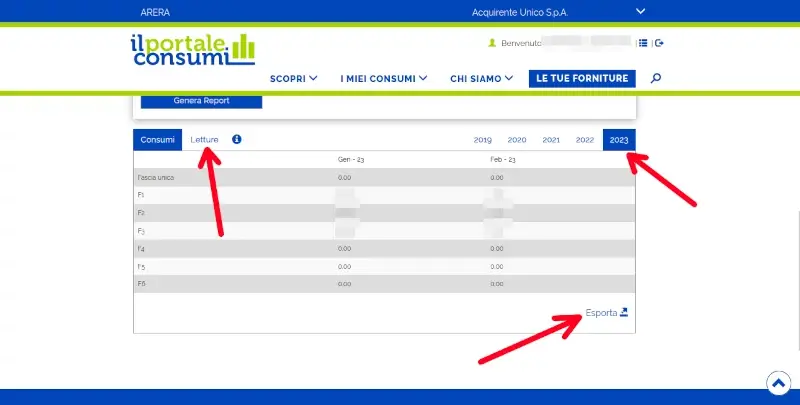 Clicca su esporta per salvare i dati sui consumi dell'utenza.