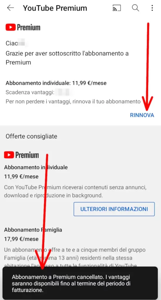 Conferma della disattivazione dell'abbonamento a youtube premium