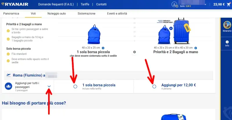 Scegliere se aggiungere altro bagagli per ogni passeggero