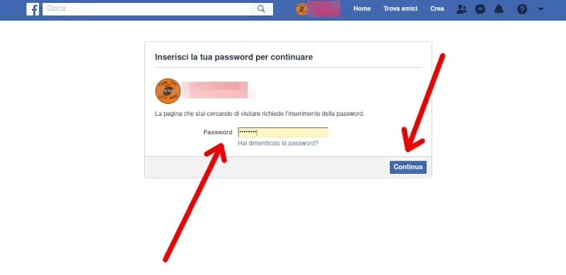 Inserisci la password di facebook per disattivare o eliminare il profilo