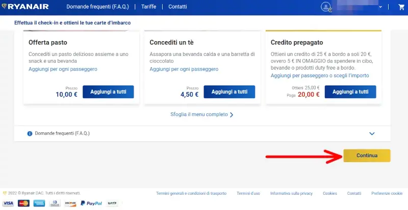 Puoi selezionare se prenotare un pasto, un te o del credito prepagato.