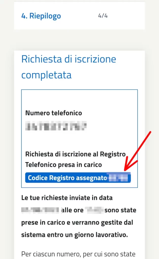 Codice registro assegnato alla pratica per bloccare call center e spam su un numero