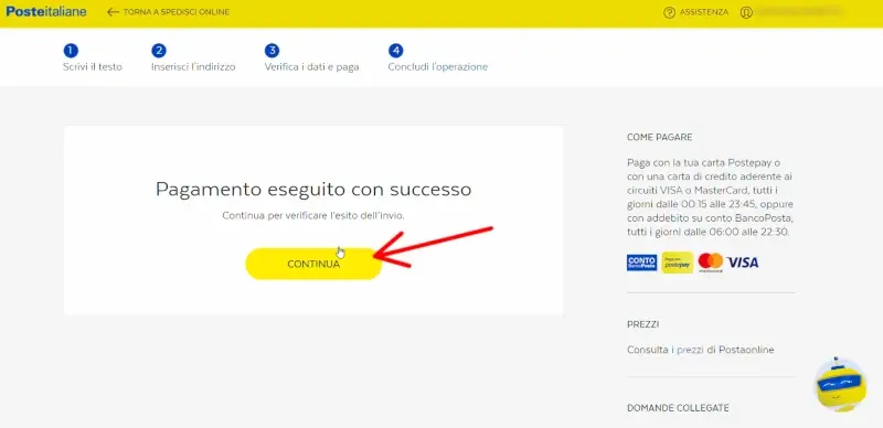 Continua per verificare l'esito dell'invio della raccomandata