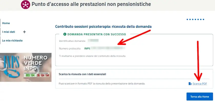 Numero di protocollo della domanda inps