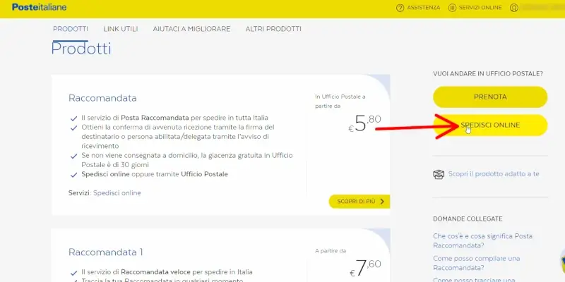 Clicca su spedisci online per inviare una raccomandata dal sito