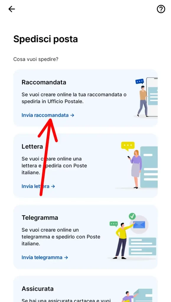 Clicca su invia raccomandata per inviare tramite l'app ufficio postale