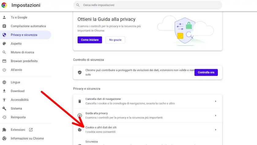 Clicca su cookie e altri dati dei siti per eliminarli o disattivare su chrome