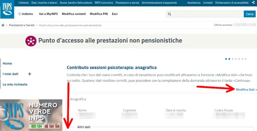 Dati anagrafici della richiesta del bonus inps