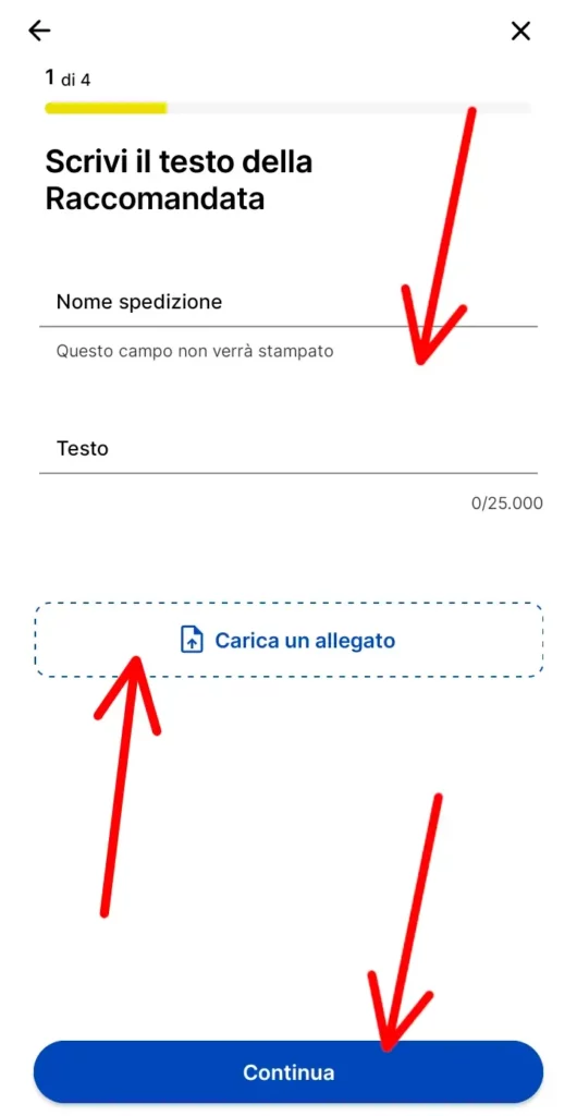 Scrivi il testo della raccomandata oppure allega un documento di testo o immagine