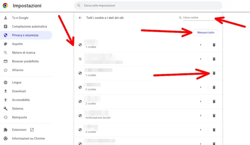 Puoi eliminare uno per uno i cookie salvati sul tuo computer
