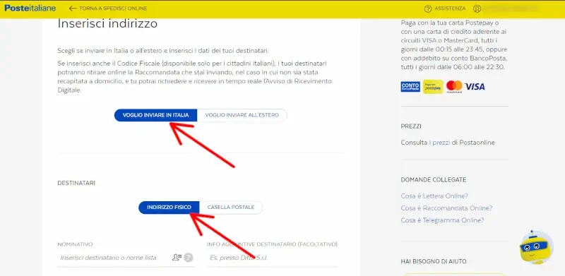 Inserisci l'indirizzo del destinatario della raccomandata poste italiane