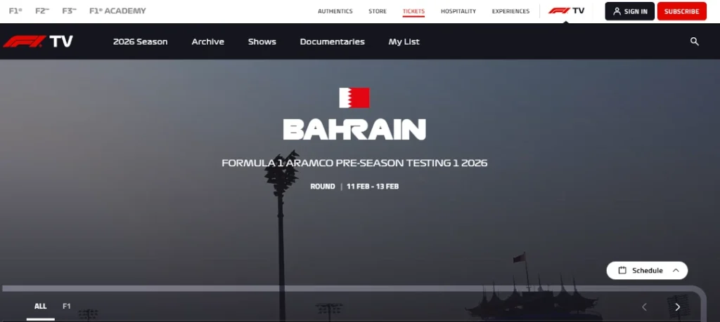 Screenshot del sito internet ufficiale della formula 1.