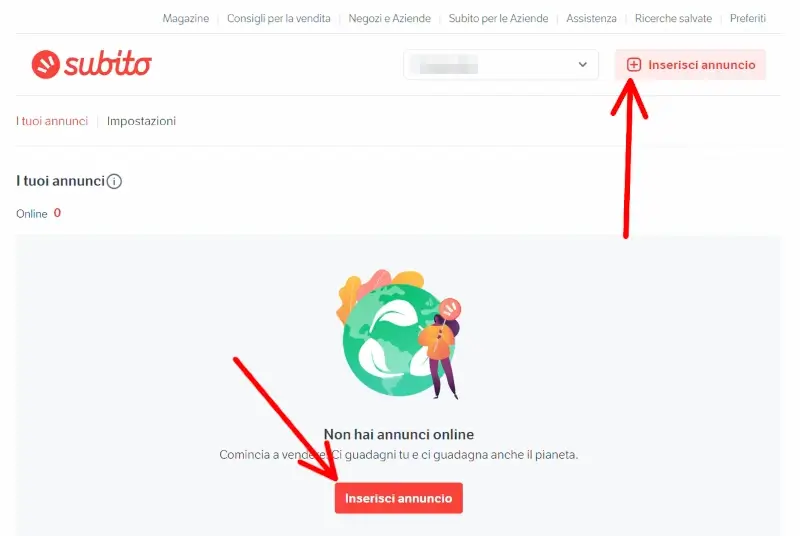 Clicca su inserisci annunci per inserire l'inserzione su subito.it
