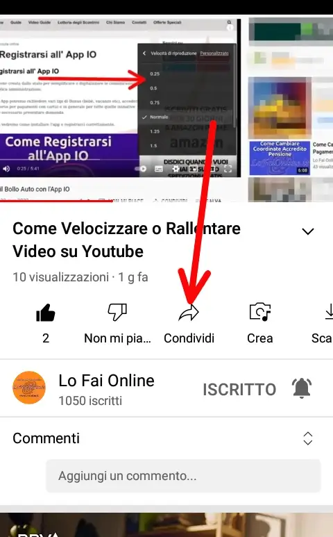 Vai su YouTube sul video da inviare e clicca su condividi