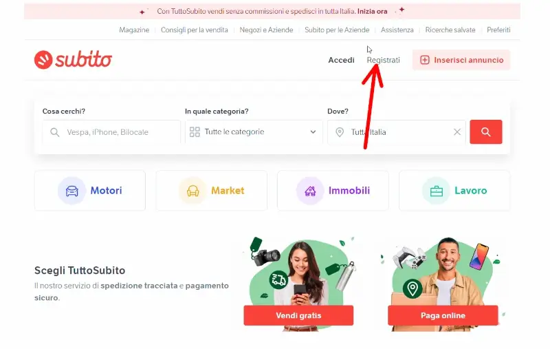 Guida per registrarsi a Subito passaggio 1 clicca su registrati