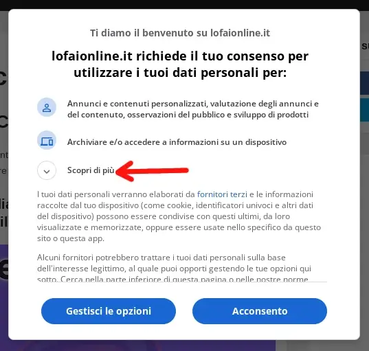 Esempio di messaggio per in consenso con il pulsante acconsento