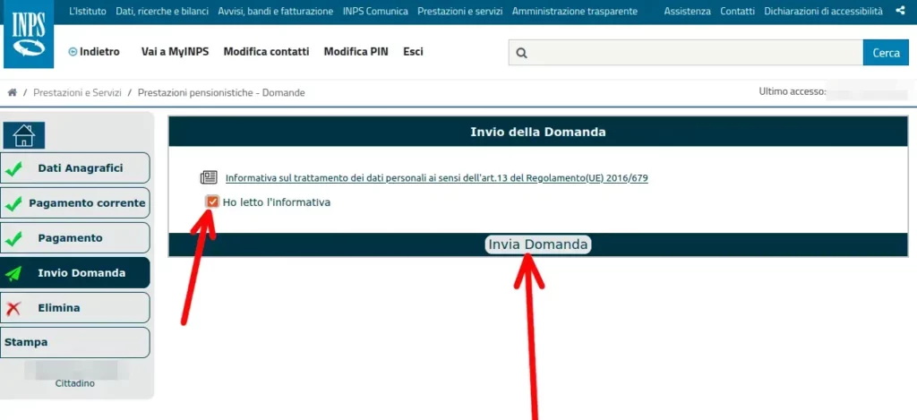 Invia la domanda per cambiare le coordinate di pagamento della pensione