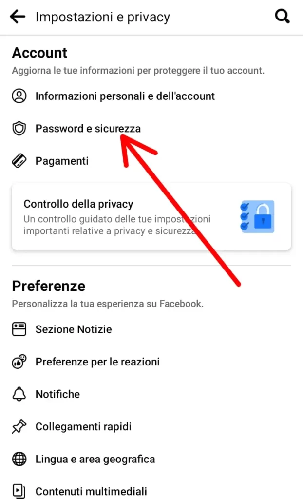 Clicca su password e sicurezza per vedere l'elenco degli accessi