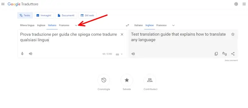 Dal computer vai sul sito di google traduttore e scegli le lingue