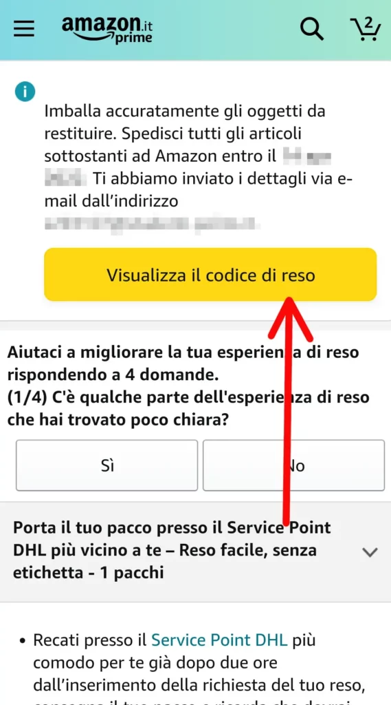 Visualizza il codice di reso di amazon