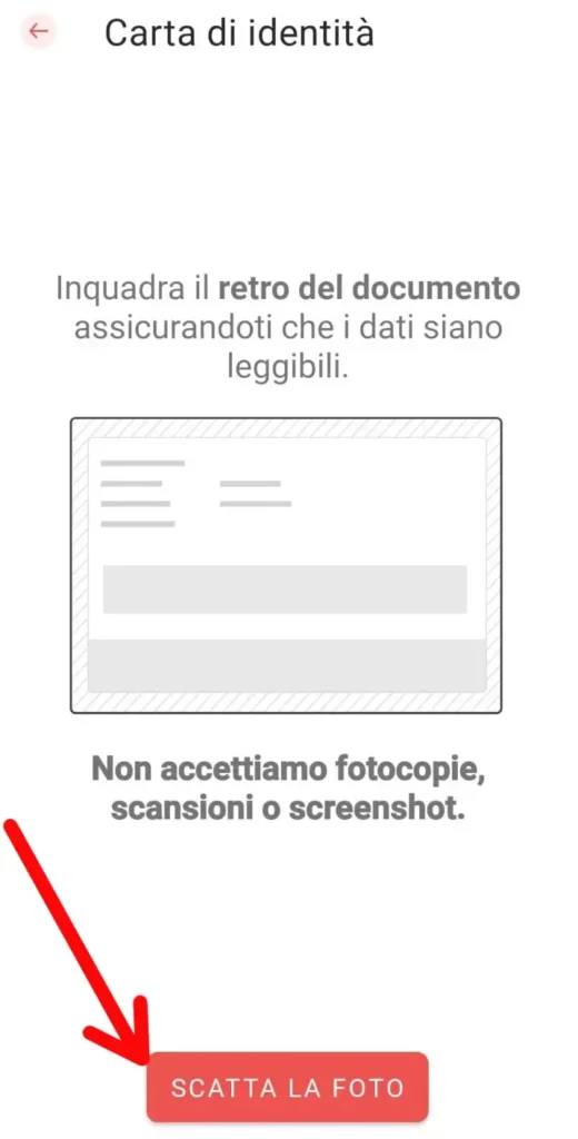Carica scatta una foto del retro del tuo documento di identità riconoscibile