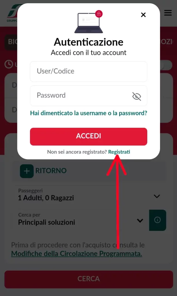 Clicca su accedi e poi su registrati per registrarsi al sito