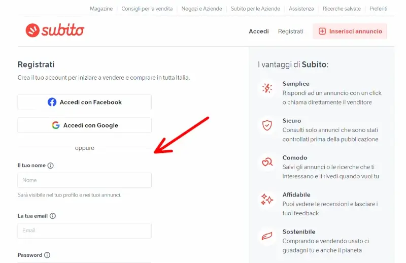 Accedi con Facebook o Google o inserisci i dati richiesti per registrarsi