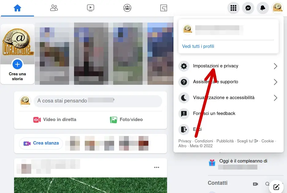 Clicca su impostazioni e privacy di facebook