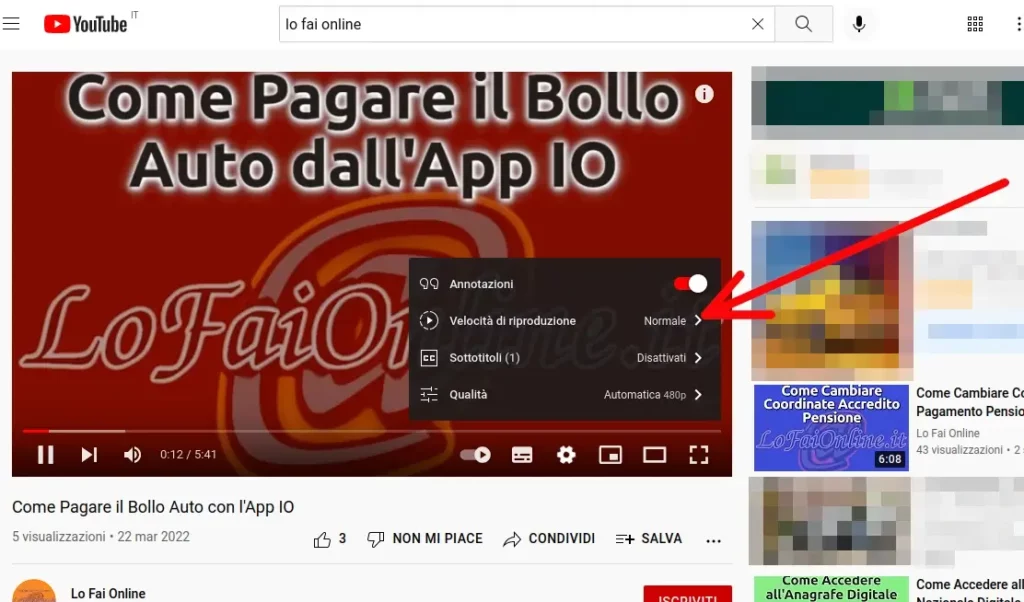 Clicca sul simbolo dell'ingranaggio sul video e su velocità di riproduzione