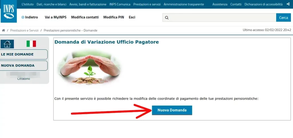 Clicca su nuova domanda per cambiare le coordinate di pagamento