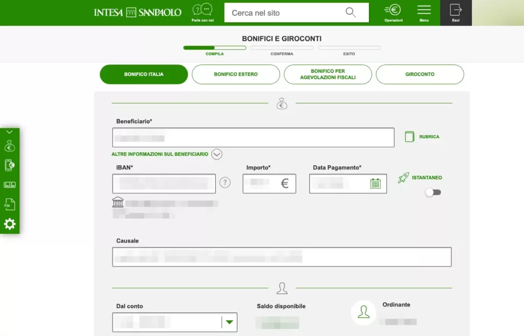 Passaggio 3 - inserisci i dati del beneficiario del bonifico