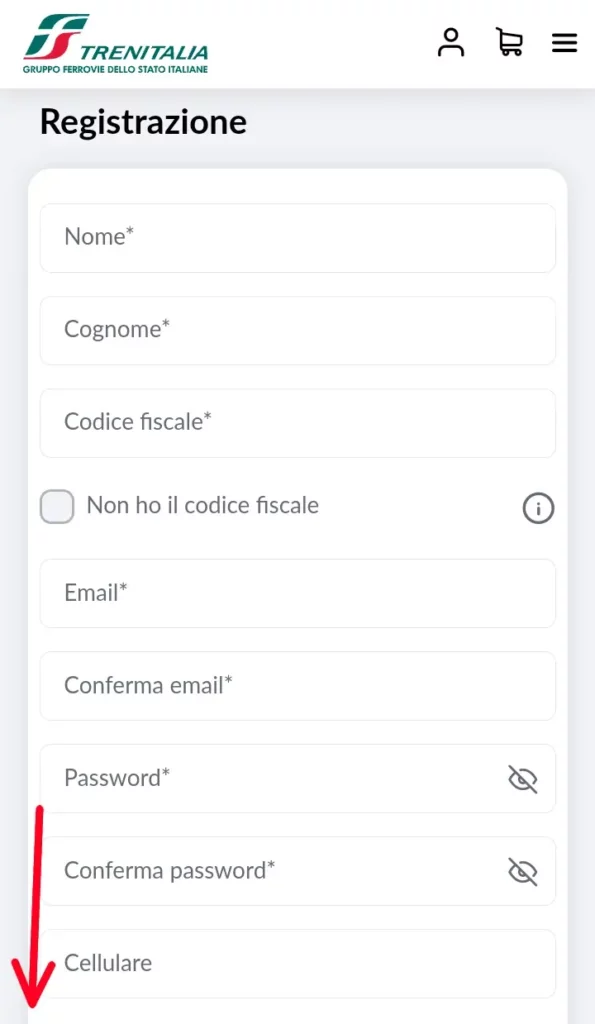 Inserisci i dati richiesti per iscriverti a Trenitalia