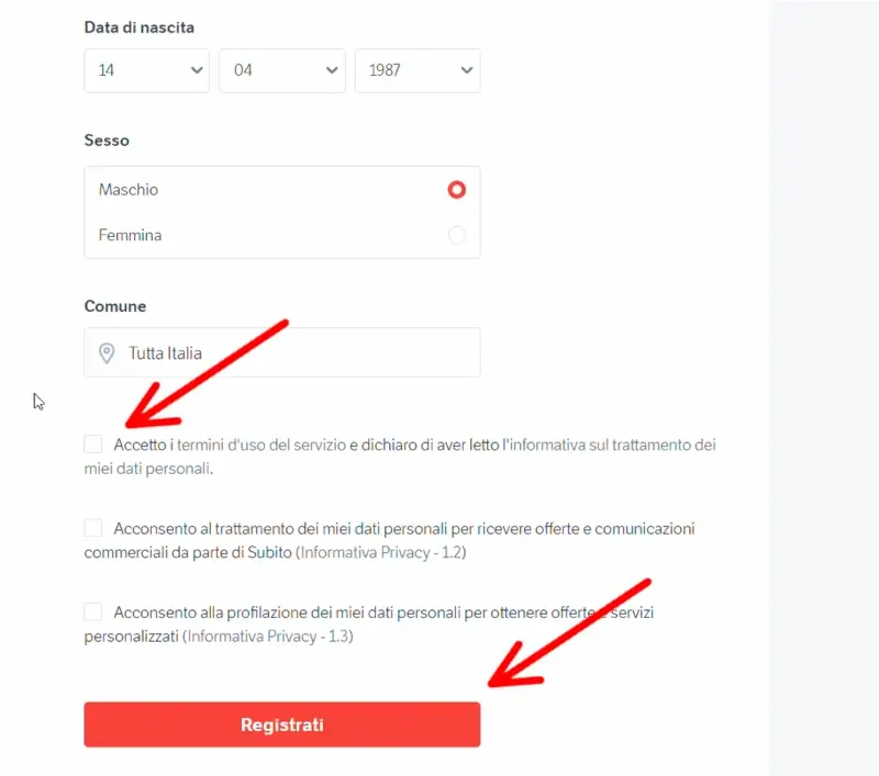 Clicca su registrati per iscriverti a Subito