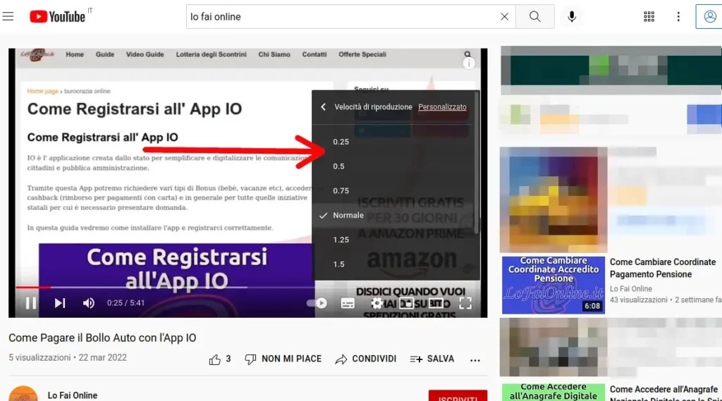 Sceglie la velocità di riproduzione del video YouTube