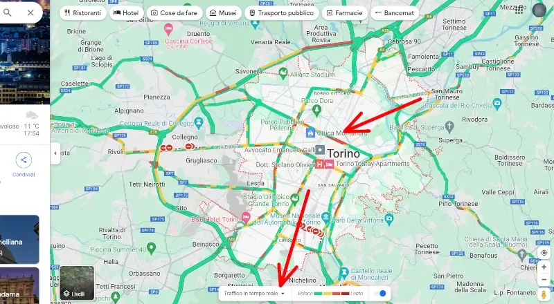 La mappa si colora in base alla situazione del traffico in quella strada